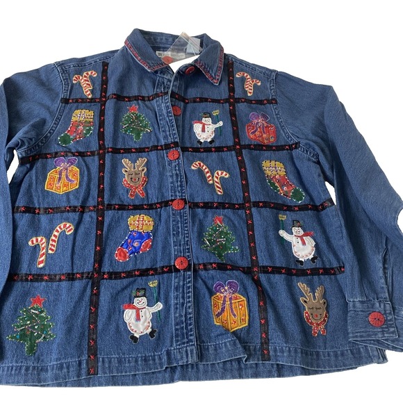 dressbarn Tops - Dressbarn Womens M Christmas Theme Button up Shirt Trim Denim Top NWT! cotton